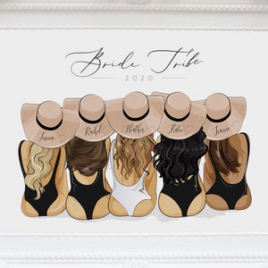 May include: A white framed print with the text "Bride Tribe 2020" at the top.  Five women are illustrated wearing straw hats and bathing suits.  The women's names are written on their hats: "Savanna", "Rachel", "Heather", "Katie", and "Jenna".