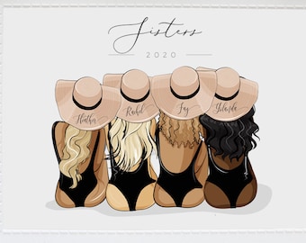 Pode incluir: Uma ilustração emoldurada de quatro mulheres usando chapéus de palha e maiôs pretos. O texto "Sisters 2020" está no topo da ilustração. Os nomes "Heather", "Rachel", "Joy" e "Yvette" estão escritos nos chapéus.