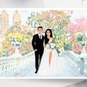 Boda Nueva York central park Invitación, pareja personalizada Ilustración de retrato, acuarela lugar nueva york, boda de primavera