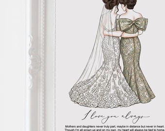 Pode incluir: Ilustração emoldurada de uma noiva e sua mãe se abraçando. A noiva usa um vestido de renda detalhado e véu, enquanto a mãe está em um vestido verde. A moldura é branca com detalhes ornamentados. O texto diz "I love you always."