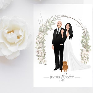 Gepersonaliseerde huwelijksuitnodigingen, aangepast portret, locatie illustratie huwelijksuitnodiging, aangepaste paar portrettekening