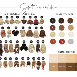 May include: A chart with illustrations of different hairstyles for girls, labeled G1 through G36. Below the hairstyles are color swatches for hair and skin tones, labeled A through S and Pale Ivory, Ivory, Sand, Beige, Tan, Golden, Bronze, and Espresso.