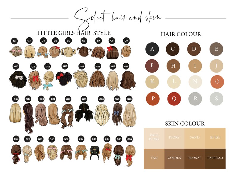 May include: A chart with illustrations of different hairstyles for girls, labeled G1 through G36. Below the hairstyles are color swatches for hair and skin tones, labeled A through S and Pale Ivory, Ivory, Sand, Beige, Tan, Golden, Bronze, and Espresso.