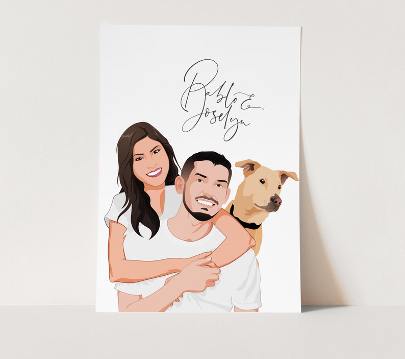 May include: A digital illustration of a couple with their dog. The couple are hugging, and the dog is looking at the camera. The text "Pablo & Joselyn" is written in cursive at the top of the image.