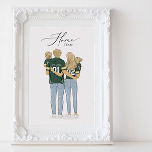 May include: A digital illustration of a family of four, a couple and two children, standing together in green and gold jerseys with the text "Home Team" above them.