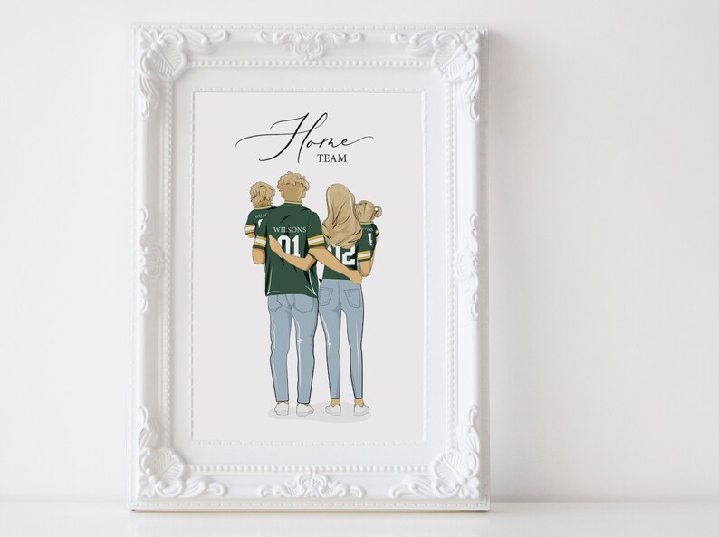 May include: A digital illustration of a family of four, a couple and two children, standing together in green and gold jerseys with the text "Home Team" above them.