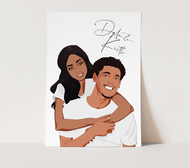 May include: A digital illustration of a couple, a woman with long black hair and a man with short black hair, smiling and embracing. The text "Dala & Keith" is written in cursive at the top of the image.
