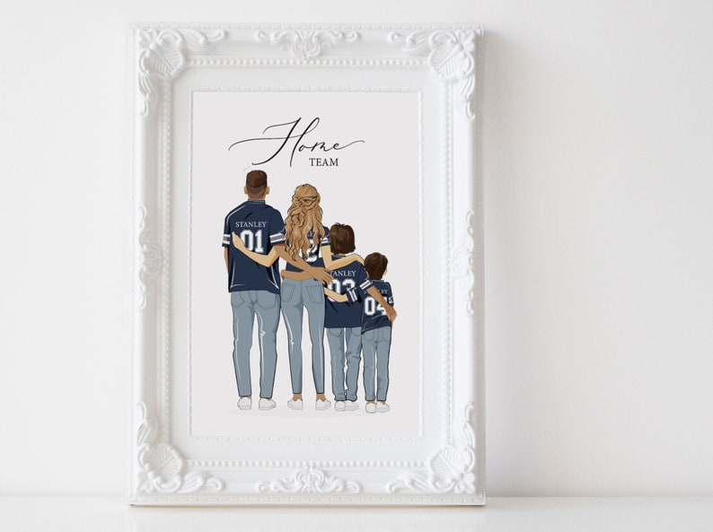 May include: A family of four, a man, a woman, and two boys, stand together with their arms around each other. They are wearing blue shirts with white numbers on the back. The text "Home Team" is written above them.