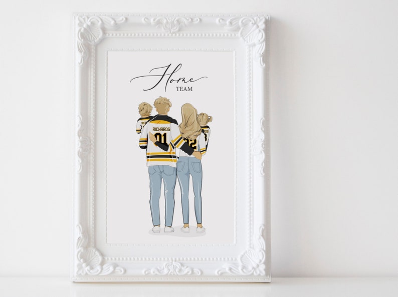 May include: A digital illustration of a family of four wearing matching hockey jerseys. The family is standing together, with the parents in the front and the two children behind them. The text "Home Team" is written above the family.