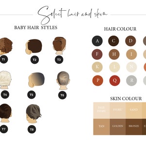 May include: A chart with illustrations of different baby hair styles, hair colors, and skin tones. The hair styles are labeled T1 through T8. The hair colors are labeled A through S. The skin tones are labeled Pale Ivory, Ivory, Sand, Beige, Tan, Golden, Bronze, and Espresso.