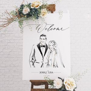Cartel de bienvenida PDF imprimible / ilustración de retrato de pareja personalizada / Póster de bienvenida / Dibujo de estilo de línea simple
