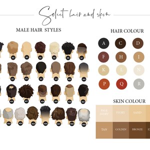 May include: A chart with a variety of male hairstyles and hair colors, as well as skin tones. The chart is labeled "Select hair and skin", "Male Hair Styles", "Hair Color", and "Skin Color".