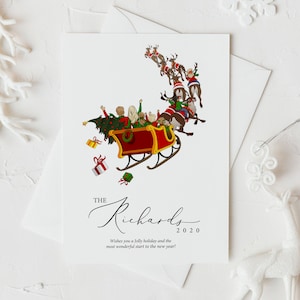 Ilustração personalizada do retrato de família do natal | arte de retrato de família | retrato de ilustração de família personalizado | Andando no trenó do Papai Noel