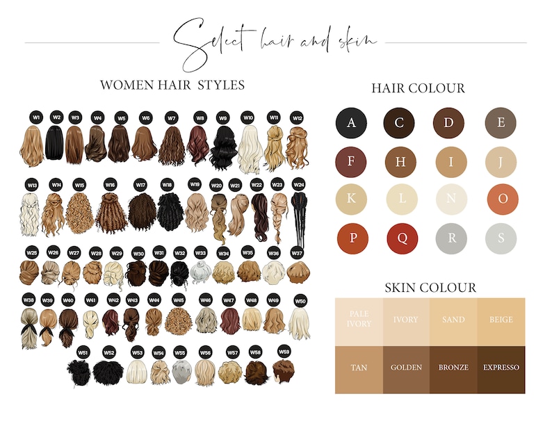 May include: A chart with a variety of hairstyles for women, hair colors, and skin tones. The chart includes 56 different hairstyles, 16 hair colors, and 8 skin tones.