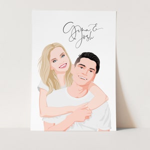 May include: A digital illustration of a couple, a woman with blonde hair and a man with brown hair, smiling and hugging. The text "Gina & Josh" is written in cursive at the top of the image.