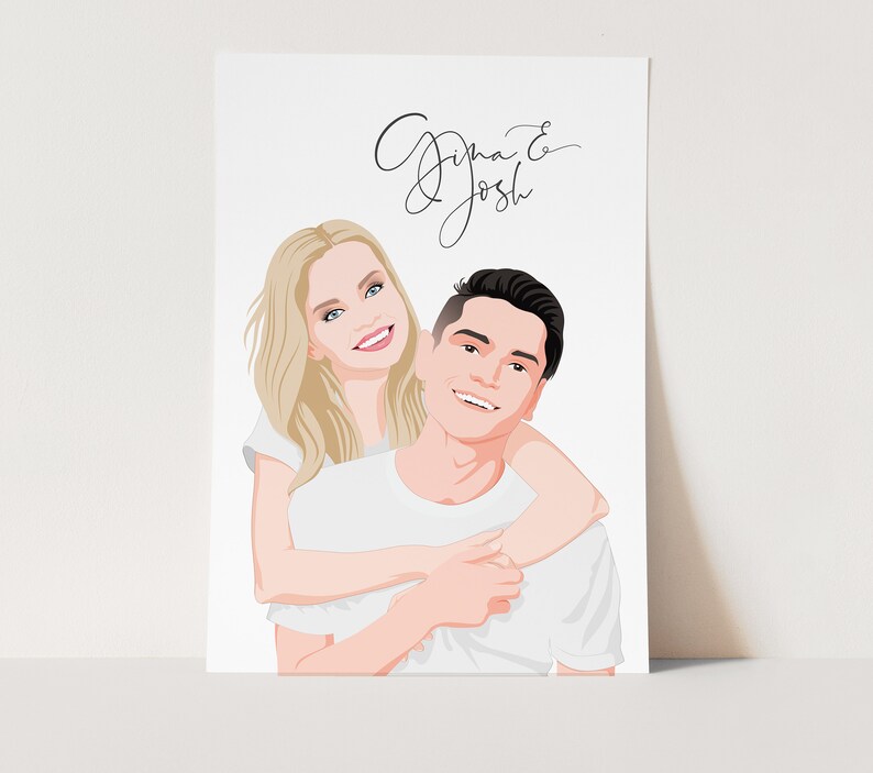May include: A digital illustration of a couple, a woman with blonde hair and a man with brown hair, smiling and hugging. The text "Gina & Josh" is written in cursive at the top of the image.