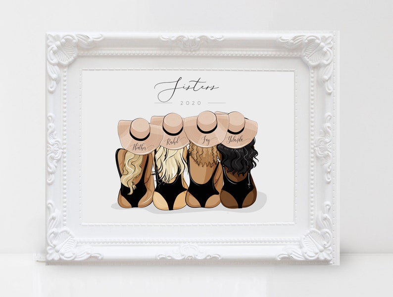 May include: A framed illustration of four women wearing straw hats and black swimsuits. The text "Sisters 2020" is at the top of the illustration. The names "Heather", "Rachel", "Joy", and "Yvette" are written on the hats.