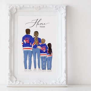 May include: A digital illustration of a family of four wearing blue and red hockey jerseys with the text "Home Team" at the top. The family is standing together and looking away from the viewer.