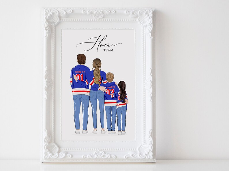 May include: A digital illustration of a family of four wearing blue and red hockey jerseys with the text "Home Team" at the top. The family is standing together and looking away from the viewer.