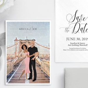 Nueva York Boda Guardar la fecha Invitación / Dibujo de ilustración de retrato de pareja personalizada / Puente de Brooklyn