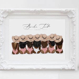 May include: Bride Tribe 2020, a digital illustration of eight women wearing pink and white swimsuits and straw hats. The women are facing away from the viewer and are standing in a line.