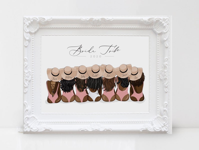 May include: Bride Tribe 2020, a digital illustration of eight women wearing pink and white swimsuits and straw hats. The women are facing away from the viewer and are standing in a line.