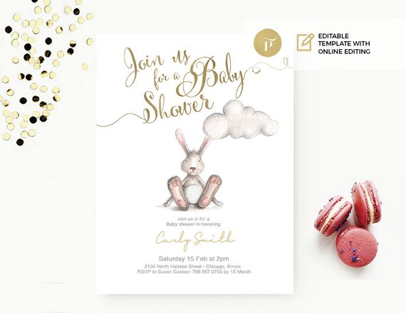 onine template baby shower invitation editable online instant download gold vintage bunny baby shower invitation online
