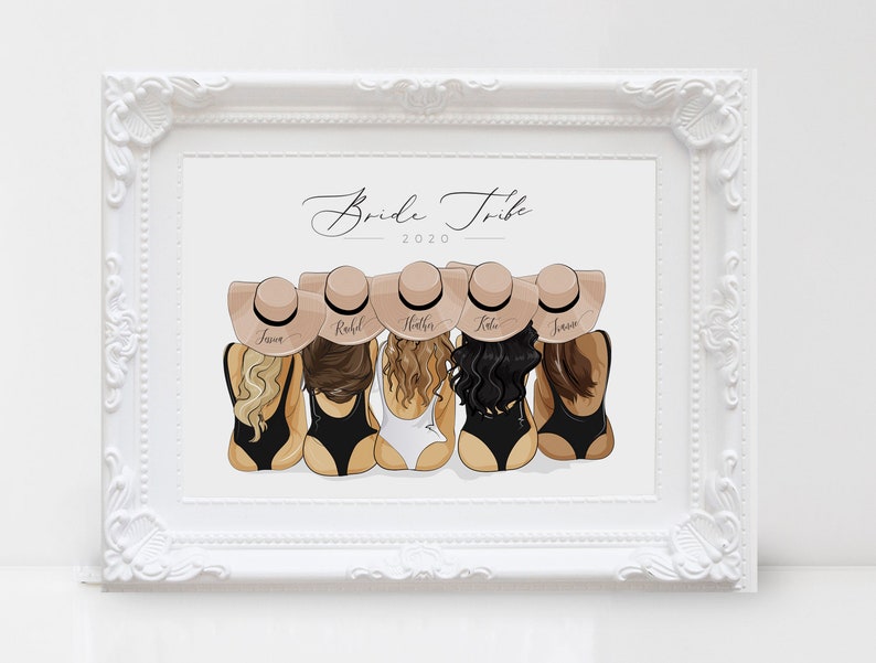 May include: A white framed print with the text "Bride Tribe 2020" at the top.  Five women are illustrated wearing straw hats and bathing suits.  The women's names are written on their hats: "Savanna", "Rachel", "Heather", "Katie", and "Jenna".