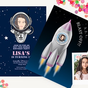 Invitación / Retrato de caricatura para cumpleaños / Personaje de dibujos animados / Astronauta / Espacio