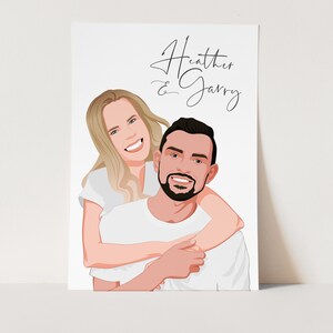 May include: A digital illustration of a couple, a woman with blonde hair and a man with brown hair, smiling and embracing. The text "Heather & Garry" is written above them.
