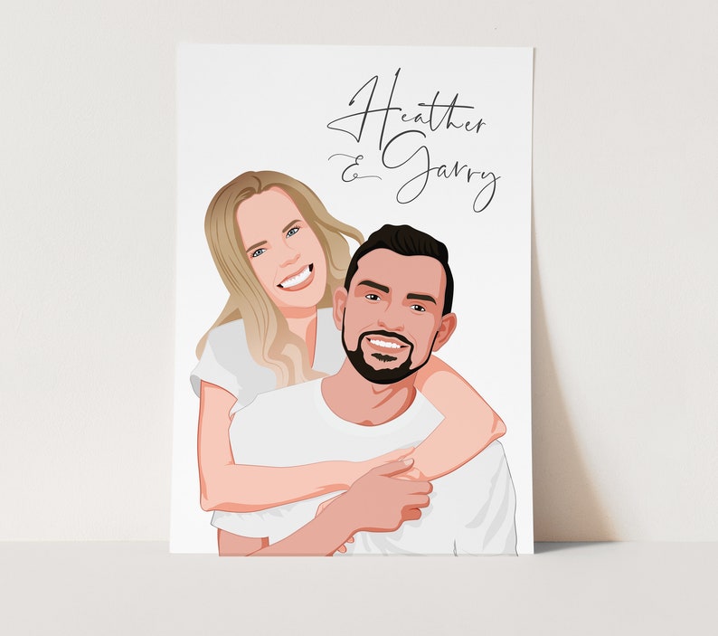 May include: A digital illustration of a couple, a woman with blonde hair and a man with brown hair, smiling and embracing. The text "Heather & Garry" is written above them.