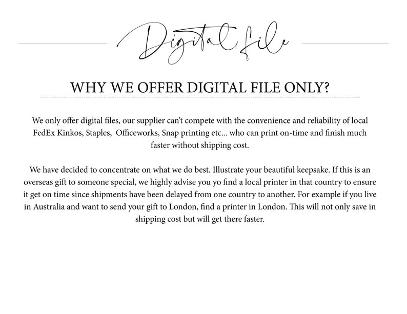 May include: Text explaining why digital files are offered instead of physical products. The text mentions that local printing services are more convenient and reliable than shipping. It also suggests finding a local printer for overseas orders to ensure timely delivery.