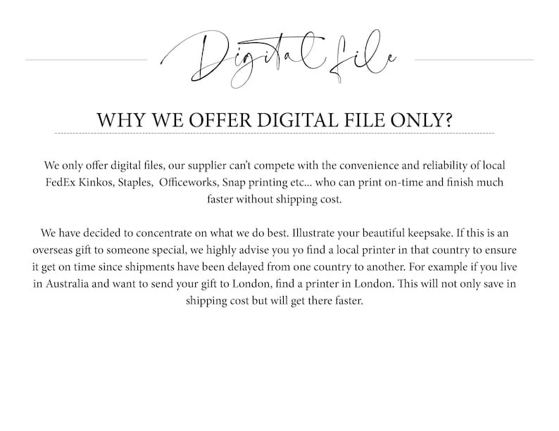 May include: Text explaining why digital files are offered instead of physical products. The text mentions that local printing services are more convenient and reliable than shipping. It also suggests finding a local printer for overseas orders to ensure timely delivery.