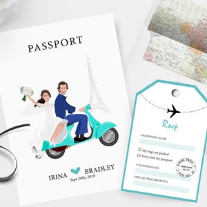 Invitación de boda imprimible / DIY You print / Pareja personalizada Ilustración de retratos / Pasaporte de destino / París / Italia / Europea