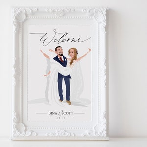 Cartel de bienvenida imprimible / dibujo de pareja de retrato personalizado / cartel de bienvenida personalizado / ilustración de novia y novio / cartel de bienvenida único