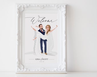 Welcome signage printable | custom portrait couple drawing | personalized Welcome poster | bride & groom illustration | unique welcome sign