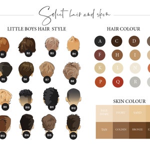 May include: A chart with 16 different hairstyles for boys, labeled B1 through B16. Below the hairstyles is a chart with 16 different hair colors, labeled A through S. Below the hair colors is a chart with 8 different skin colors, labeled Pale Ivory, Ivory, Sand, Beige, Tan, Golden, Bronze, and Espresso.