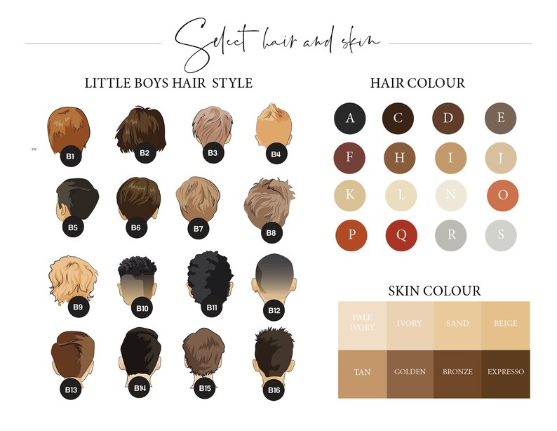 May include: A chart with 16 different hairstyles for boys, labeled B1 through B16. Below the hairstyles is a chart with 16 different hair colors, labeled A through S. Below the hair colors is a chart with 8 different skin colors, labeled Pale Ivory, Ivory, Sand, Beige, Tan, Golden, Bronze, and Espresso.