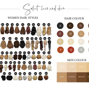 May include: A chart with a variety of women's hairstyles, hair colors, and skin tones. The chart is labeled "Select hair and skin." The hairstyles are numbered W1 through W59. The hair colors are labeled A through S. The skin tones are labeled Pale Ivory, Ivory, Sand, Beige, Tan, Golden, Bronze, and Espresso.