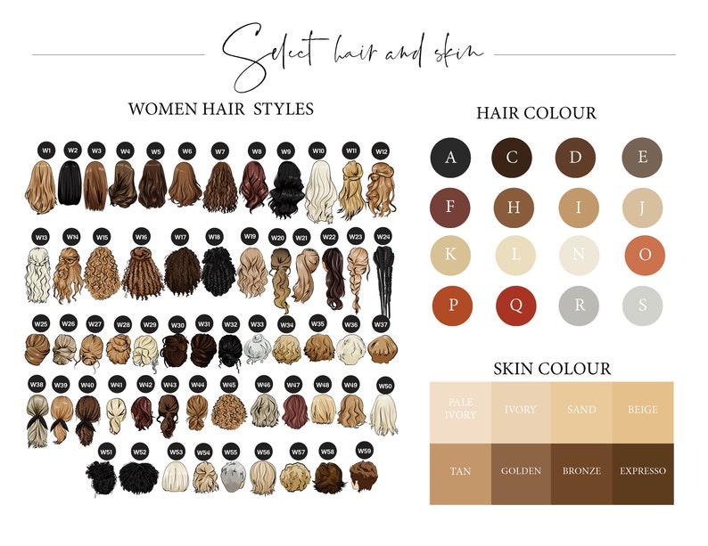 May include: A chart with a variety of women's hairstyles, hair colors, and skin tones. The chart is labeled "Select hair and skin." The hairstyles are numbered W1 through W59. The hair colors are labeled A through S. The skin tones are labeled Pale Ivory, Ivory, Sand, Beige, Tan, Golden, Bronze, and Espresso.