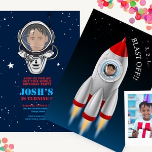 Invitación personalizada para astronautas / Retrato de dibujos animados personalizado para cumpleaños / Espacio / fuera de este mundo / ¡despegue!