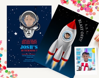 Custom Astronaut Invitation |  Personalised cartoon portrait for Birthday | Space | out of this world | blast off!