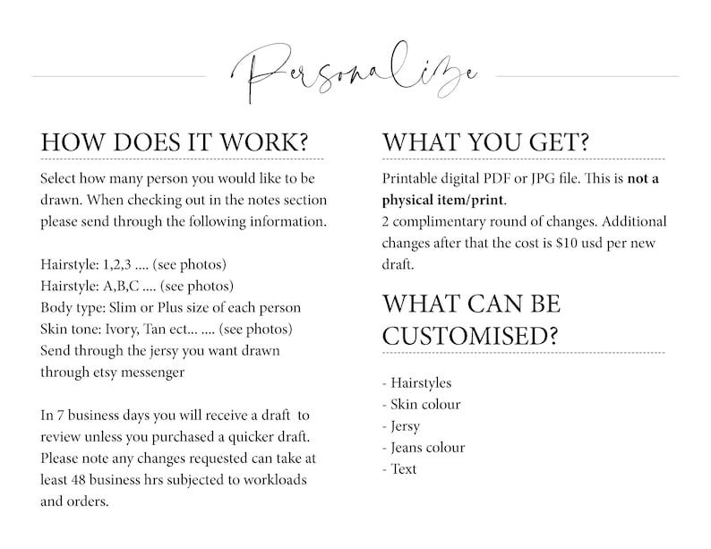 May include: A digital illustration showing how to customize a digital drawing of a person. The text explains that the customer can choose from a variety of hairstyles, body types, skin tones, and clothing. The customer can also request changes to the drawing after receiving a draft.