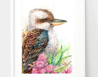 Kookaburra Print - Gum Blossom Print Kookaburra Art Print - Bird Print Bird Gifts Australian Native Print Australian Flower Prints Gum Leaf