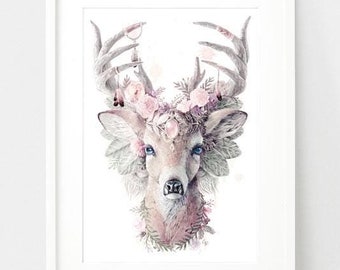 Impresión de ciervo rosa - Serie de tótems de animales espirituales Impresión artística de ciervos Impresión de acuarela Impresión artística floral Regalos de ciervos para guarderías neutrales en el bosque
