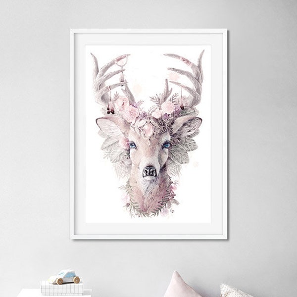 Dusty Pink Deer Print - Spirit Animal Totem Series Art Print Deer Art Watercolour Print Floral Art Print Woodland Neutral Nursery Deer Gifts