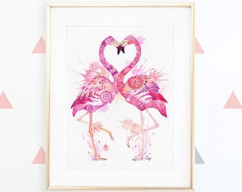 Puede incluir: Una pintura de acuarela enmarcada de dos flamencos rosas con intrincados patrones, de pie en forma de corazón sobre un fondo blanco.