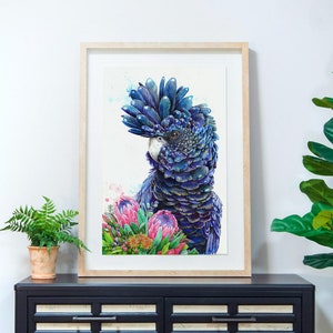 Puede incluir: Una pintura de acuarela enmarcada de un cacat&uacute;a negro con plumas azules y moradas, rodeado de flores de protea rosas y verdes.