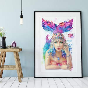 Beautiful Mermaid Wall Art Print - Girls Room Watercolour Nursery Prints - Mermaid Prints Mermaid Gifts  - Nursery Wall Art - Mermaid Decor