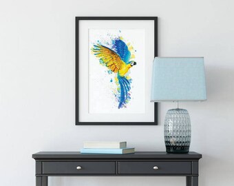 Macaw Tropical Parrot Wall Art Print - Bird Prints - Bird Gifts - Watercolour Wall Art - Bird Painting - Bird Art - Tropical Print - Feather